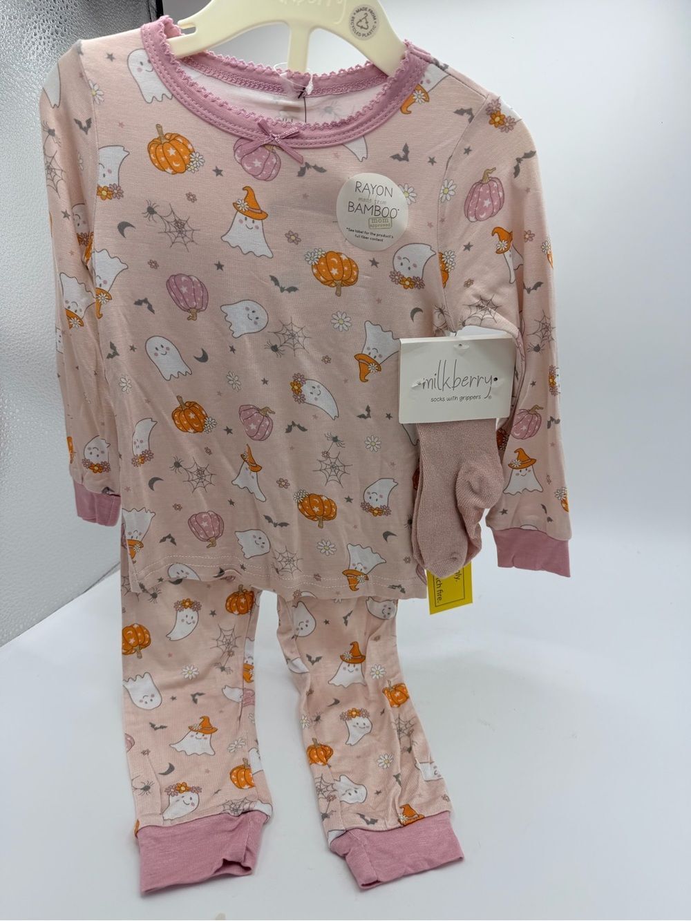 Milkberry Pink Halloween Ghost & Pumpkin Kids Pajama Set with Socks